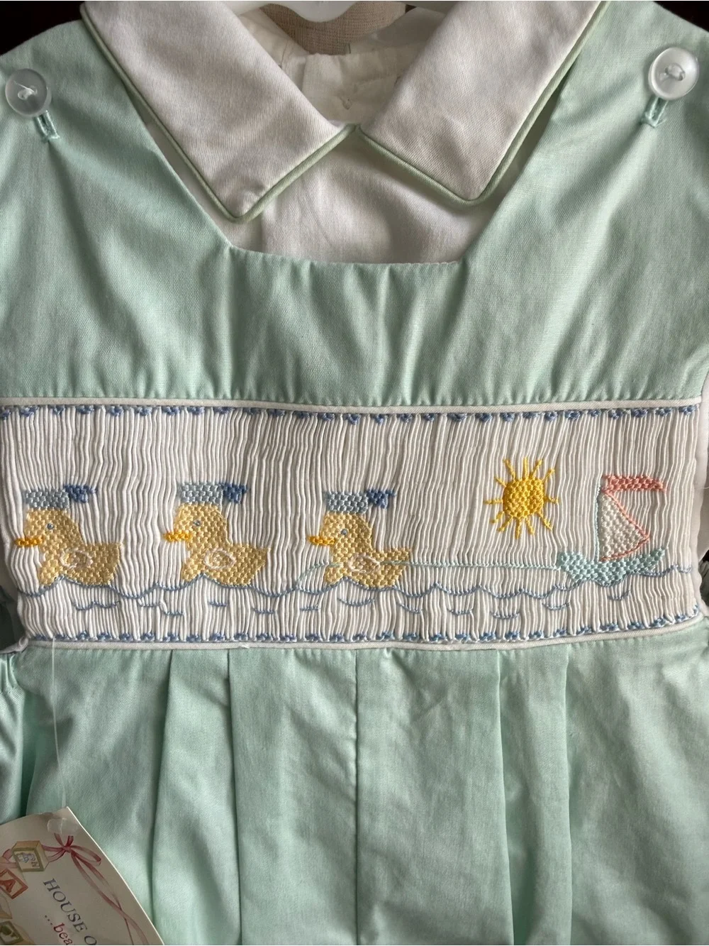 House of Hatten Smocked Duck & Sun Mint Bubble Romper with White Polo